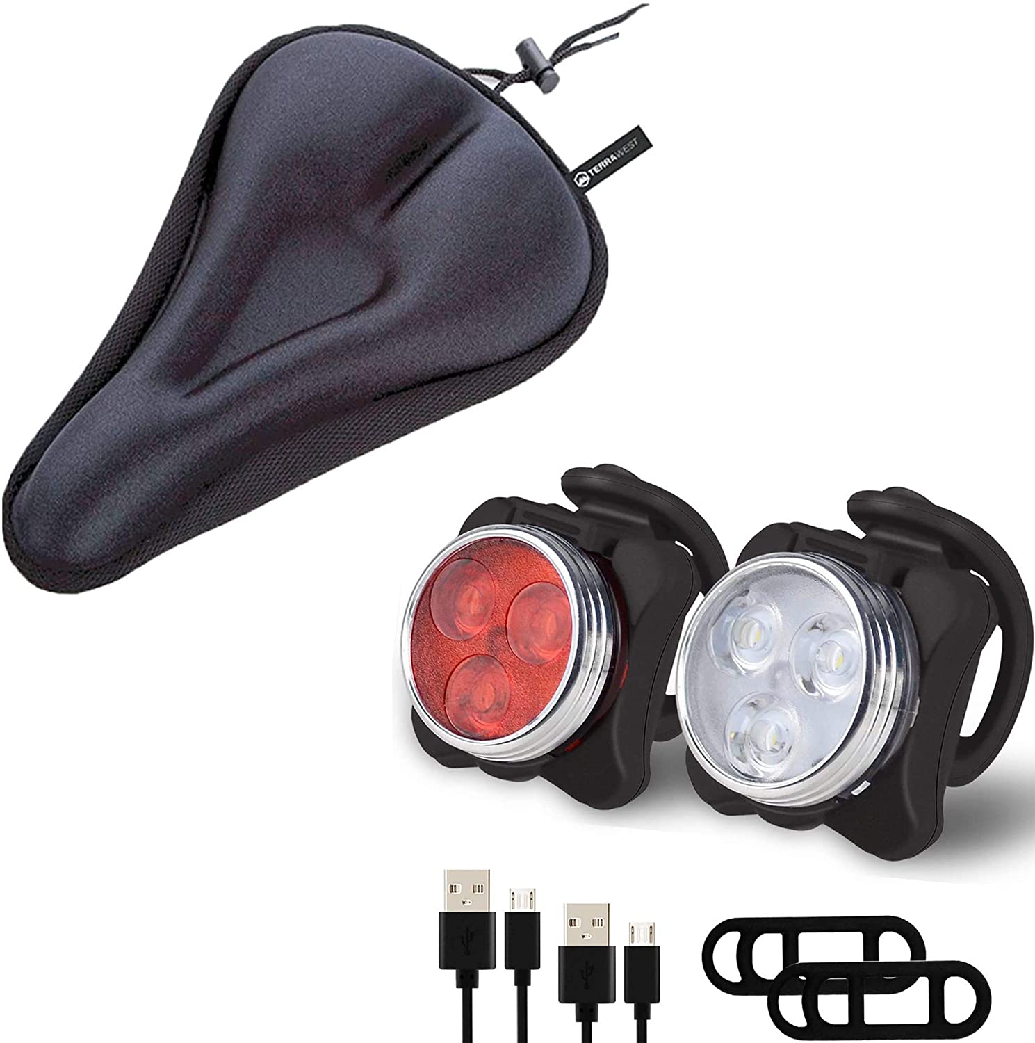 TerraWest Rechargeable LED Bike Lights & Saddle Cushion Seat Cover Set